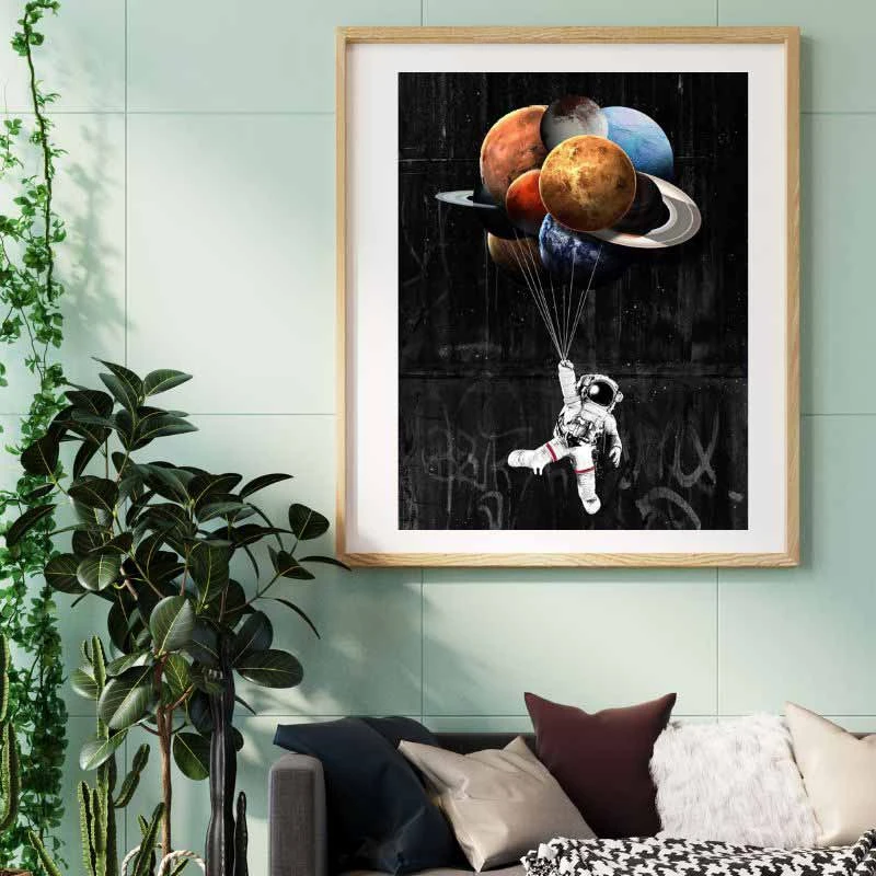 Póster científico «Astronauta con globos de planetas»